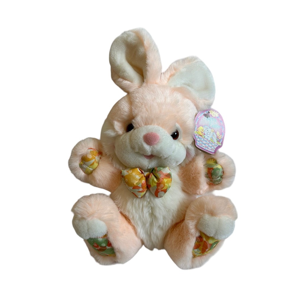 Walmart Peach Orange White Easter Bunny Rabbit Bow Vtg Plush Stuffed Animal Toy